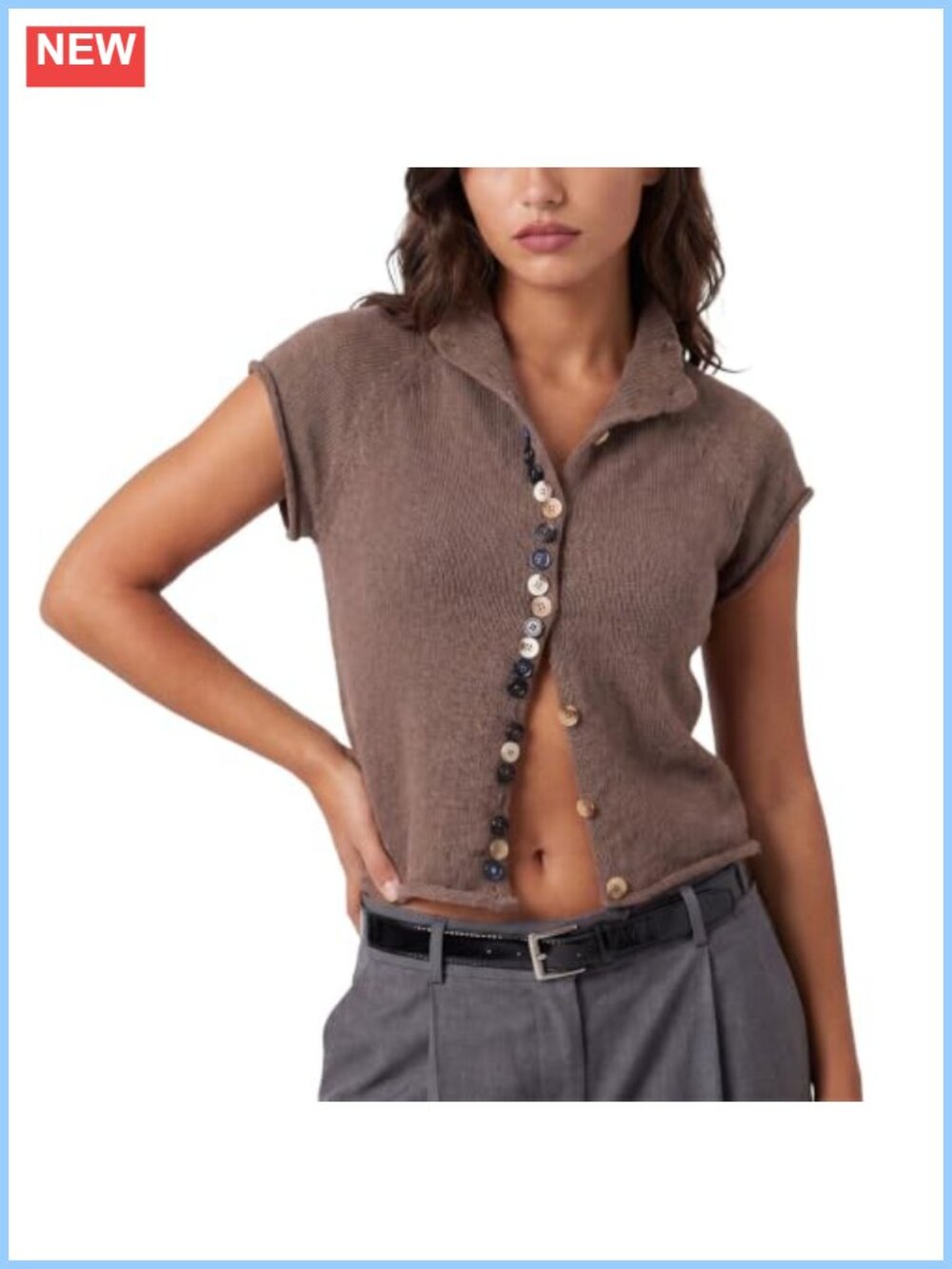 Knit Mock Neck Button Down Cardigan Cap Sleeve Lightweight Top